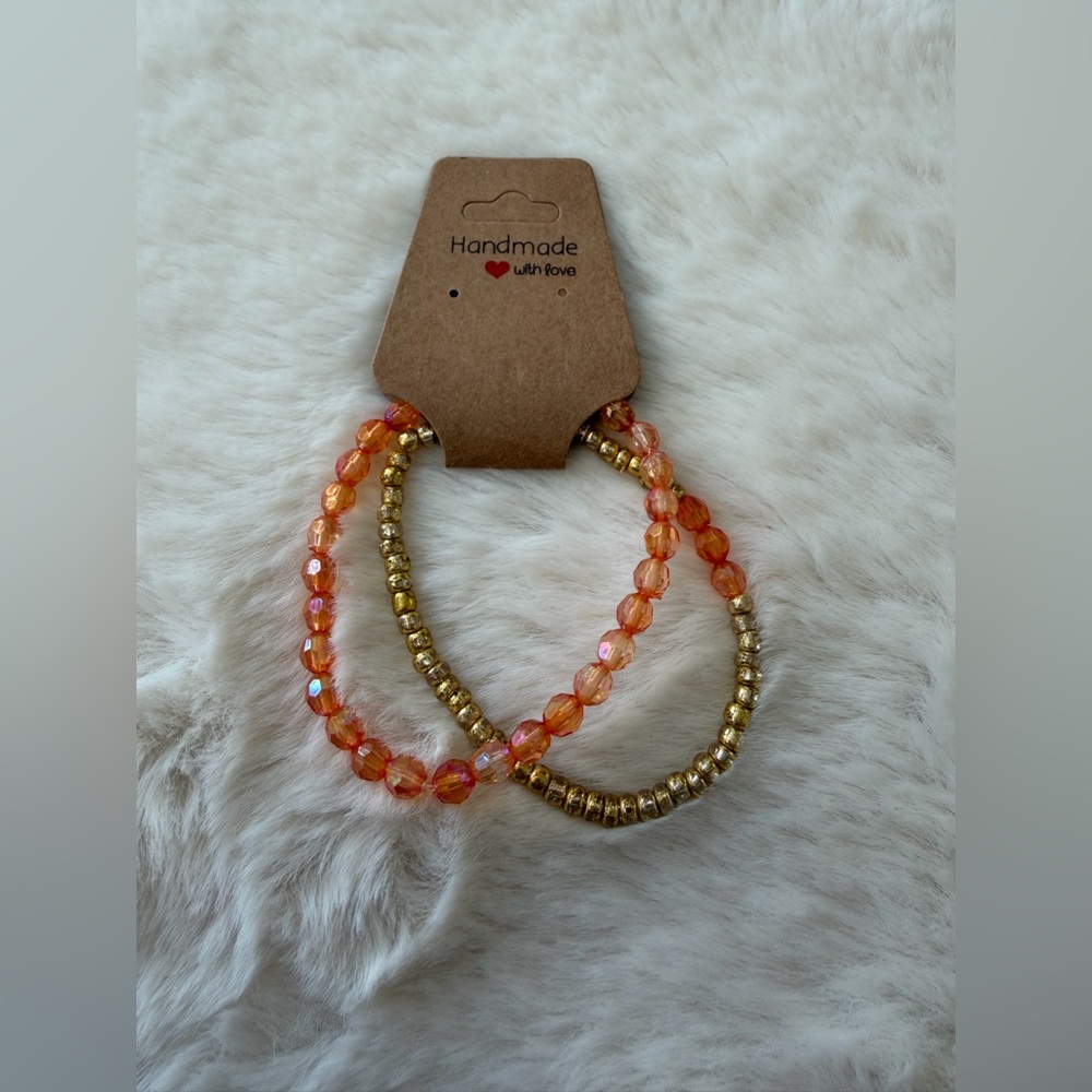 Handmade Beaded Bracelet Set - Orange and Gold